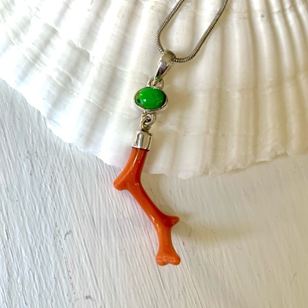 Orange Sea Coral Fossil & Green Mohave Sterling Silver Necklace